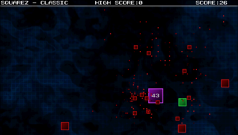 Squarez in a browser: the square turned purple by the power-up, eating the reds